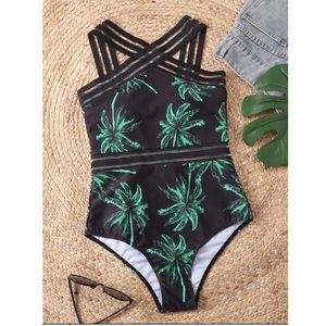 Palm tree print crisscross one piece swimsuit